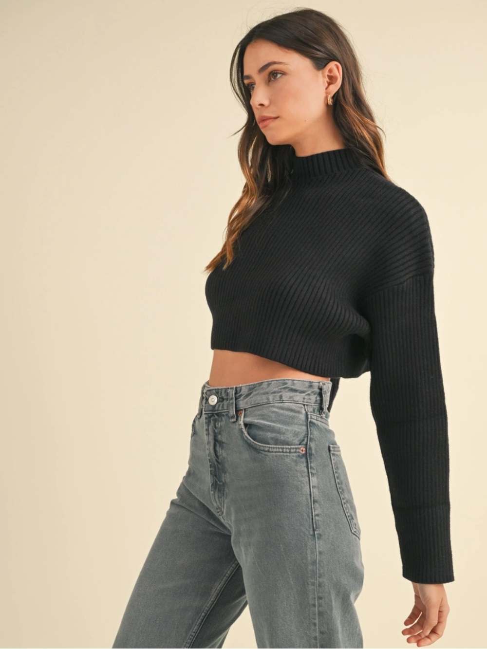 THESE THREE BOUTIQUE Ribbed Mock Neck Sweater - Black